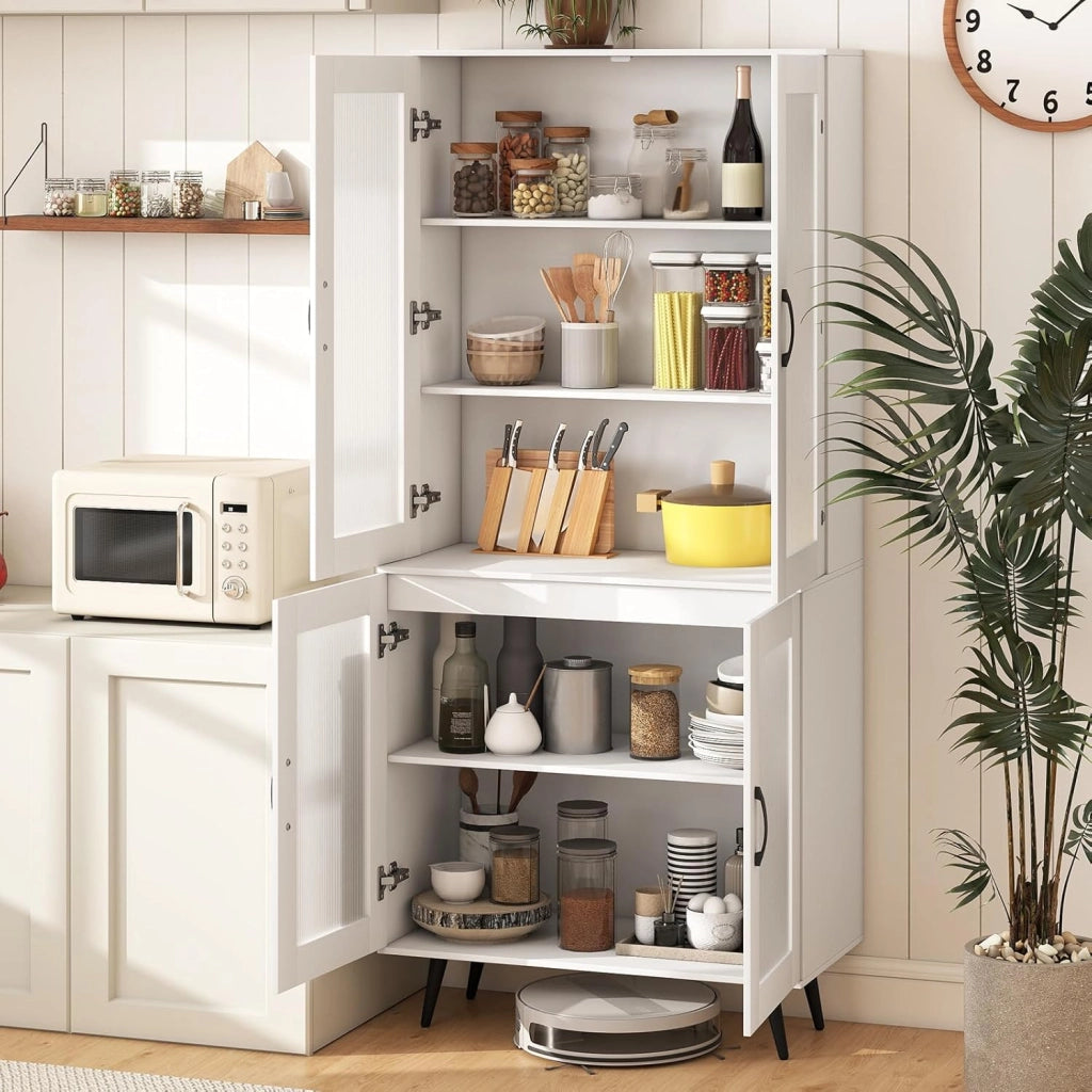 Credenza Alta da Cucina con 4 Ante Trasparente, Armadio a Buffet a 5 Livelli con Ripiani Regolabili, Mobile Dispensa, per Sala da Pranzo, Soggiorno, Bagno, 80 x 40 x 178,5 cm (Bianco)