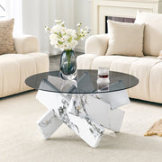 Tavolino rotondo 88.5x88.5x12.5 cm con piano in vetro temperato; base geometrica in MDF e vetro bianco