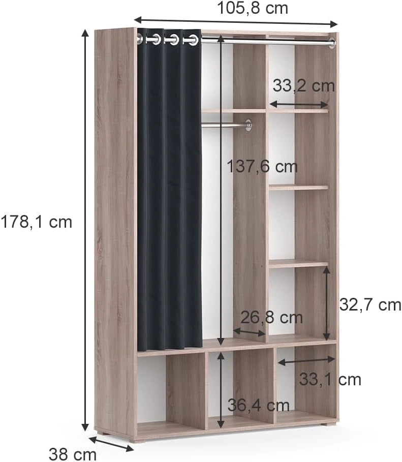Armadio multifunzione Luigi, Sonoma, 38 x 178.1 cm con appendiabiti a tenda, per una conservazione flessibile con ruote per un facile spostamento