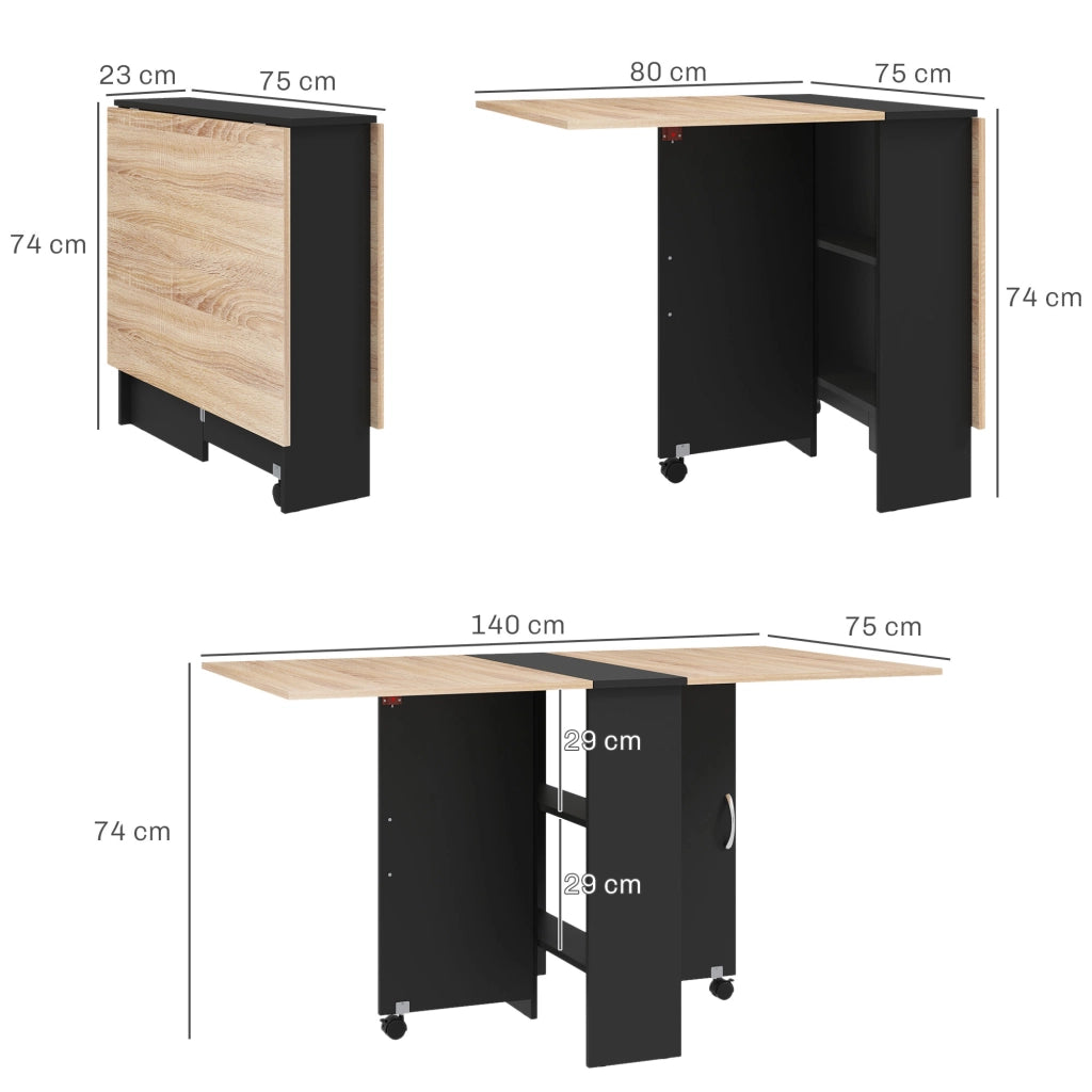 Tavolo Pieghevole Consolle per 4-6 persone con Ruote e Ripiani. 140x75x74cm. Rovere e Nero