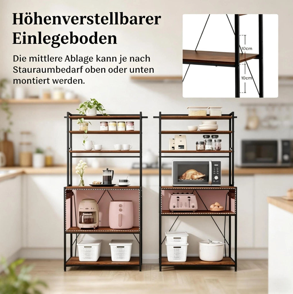 Scaffale da cucina con prese 6 ripiani aperti 6 ganci marrone rustico metallo e legno