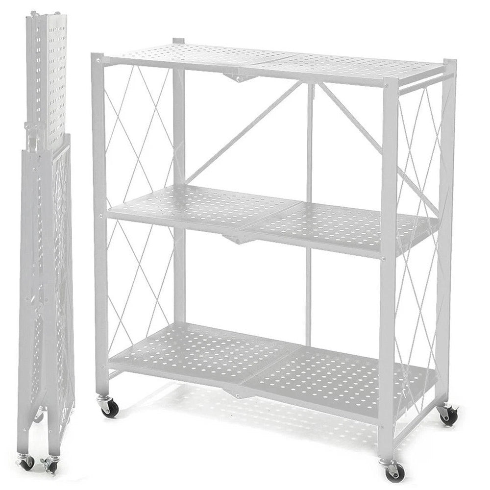 Trade Shop - Scaffale Multiuso Libreria Pieghevole Con 3 Ripiani Ruote In Acciaio Verniciato Bianco -