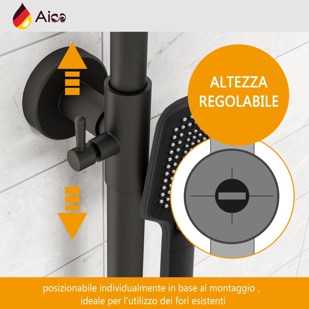 Colonna doccia rotonda completo di miscelatore termostatico rettangolo, soffione quadrato 30x30cm, nero
