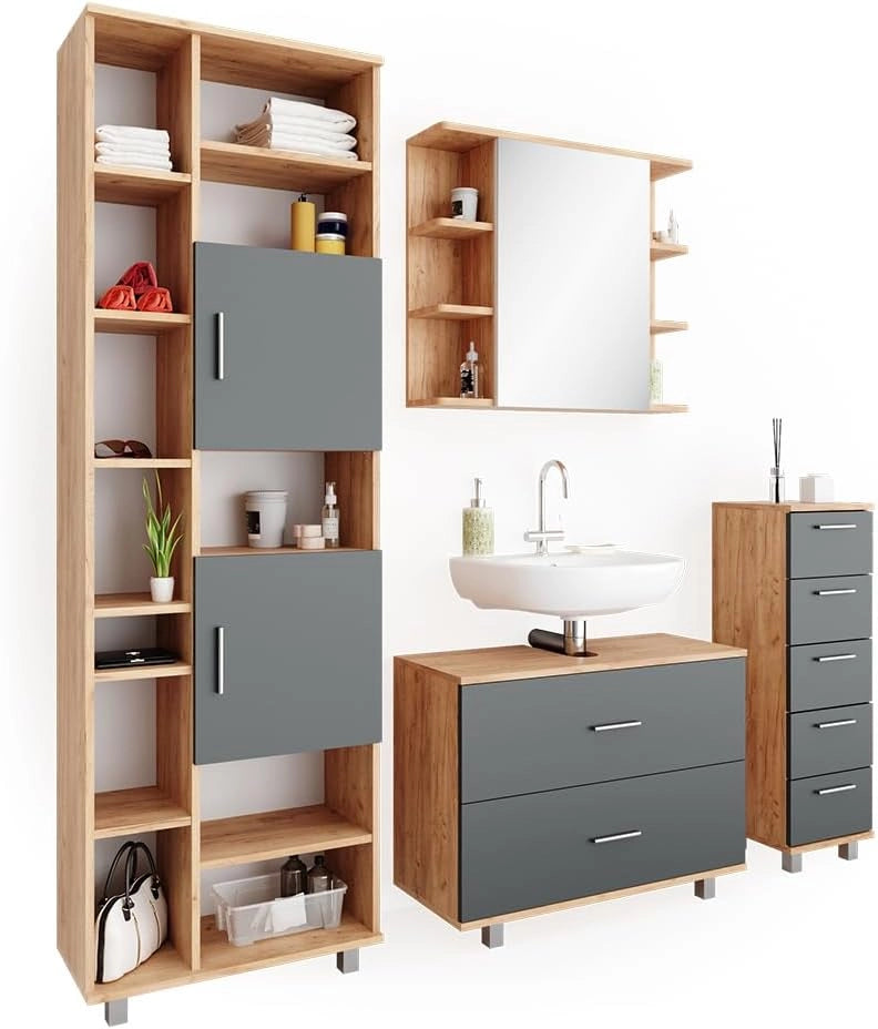 Set mobili bagno Ilias, Antracite/quercia dorata, 80.2 cm, composto da mobile lavabo, pensile a specchio, colonna e base media