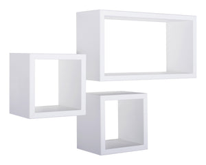 Set 3 Mensole Cubo da Parete Quadrato e Rettangolare in Fibra di Legno Tribù Bianco