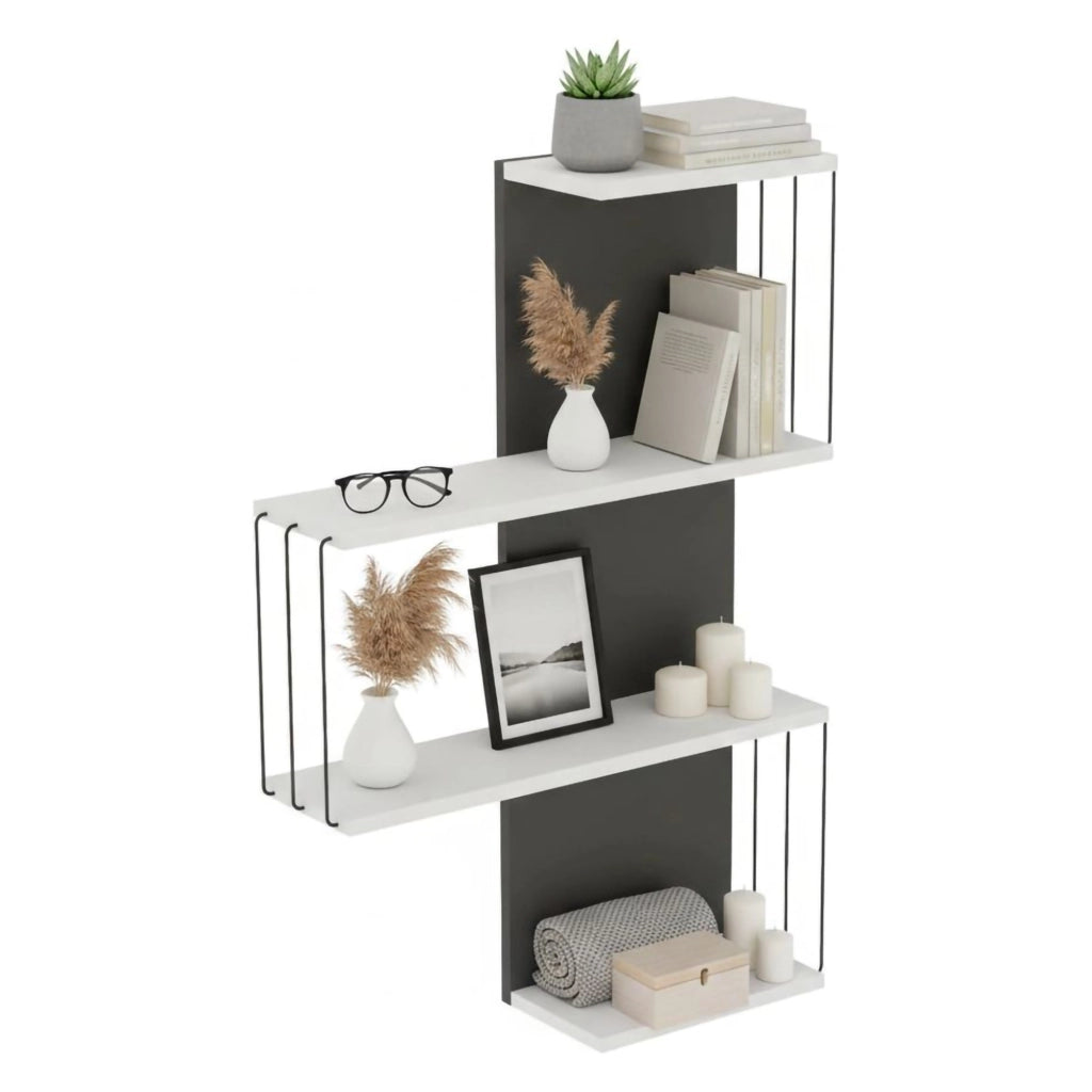 Mensola Batilda, Scaffale, Ripiano a muro, Scaffalatura multiuso, 64x19h96 cm, Bianco e Antracite