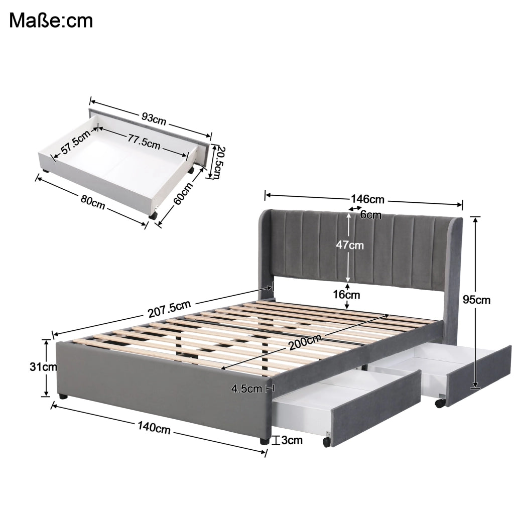 Letto matrimoniale in velluto grigio 140x200 cm con 2 cassetti e rete a doghe