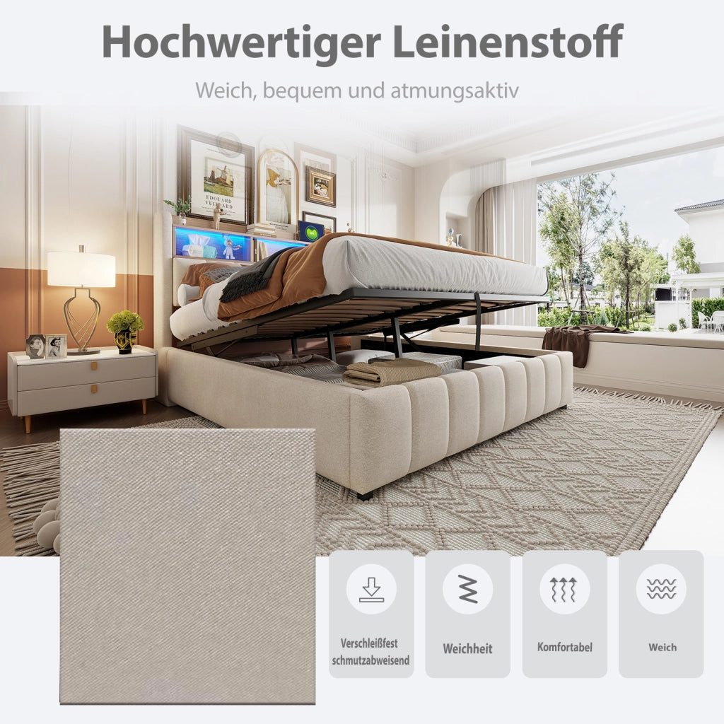 OKWISH Letto Contenitore 180×200 cm, Letto Matrimoniale con LED Regolabile, USB, Tipo C e Mensole, senza Materasso, in Tessuto Beige