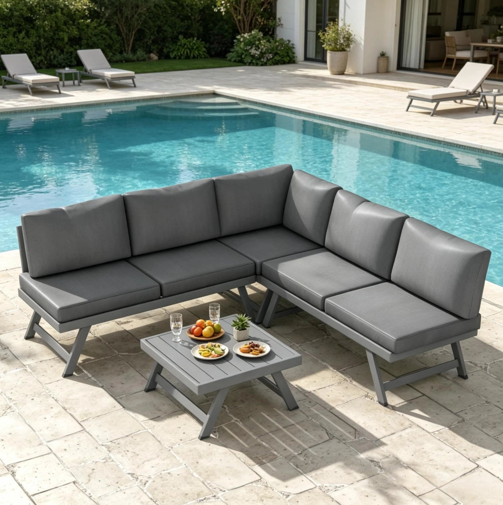 Set salotto da giardino angolare 4 pezzi per 5 persone; grigio; con tavolino in alluminio e acciaio
