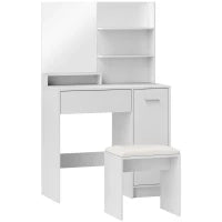Toeletta Trucco con Specchio e Sgabello, Cassetto, Armadietto e Ripiani in Legno, Bianco
