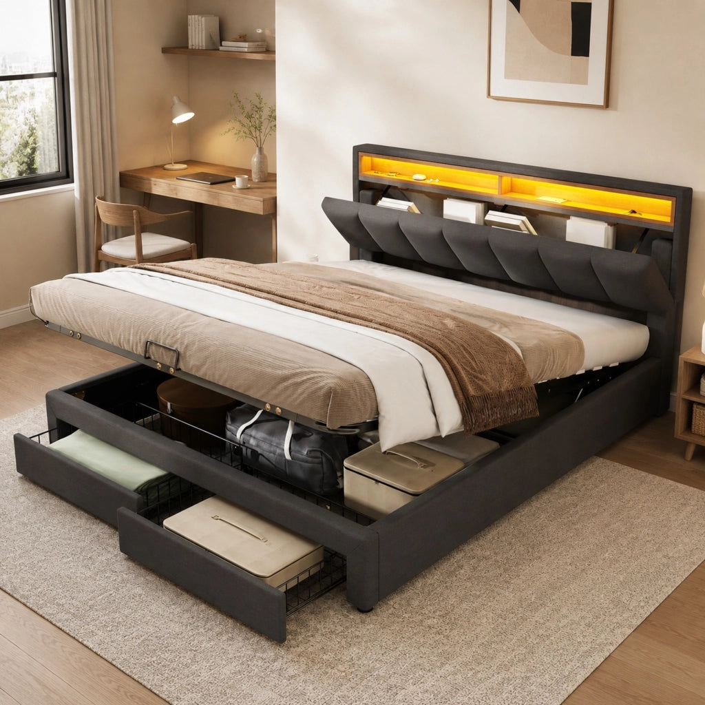 Letto imbottito 160x200 cm grigio scuro con LED, rete a doghe e contenitore sottoletto