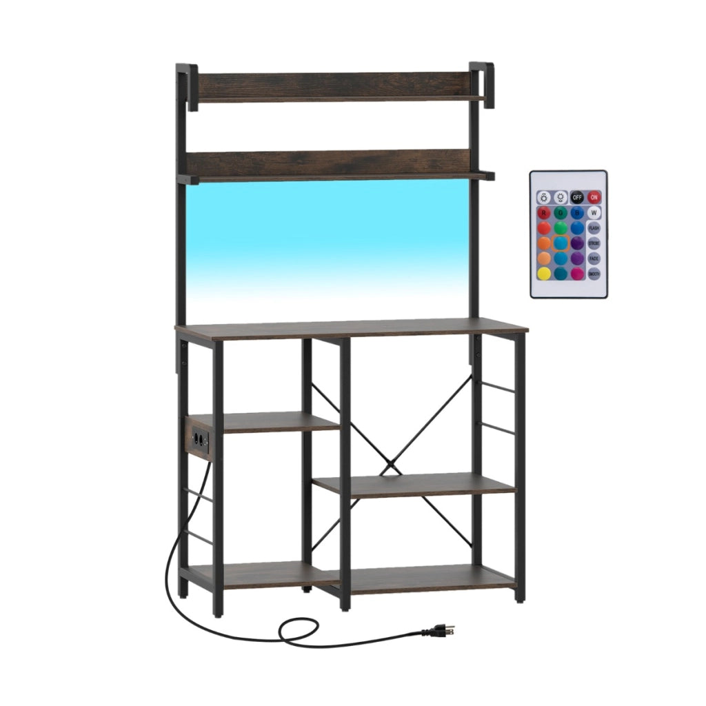 Supporto per forno a microonde a 5 ripiani con luci LED per sala da pranzo-Scaffale da cucina con presa di corrente Marrone