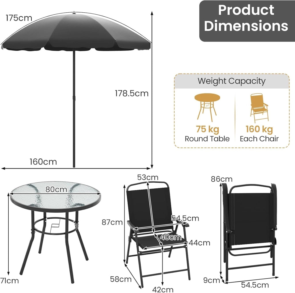 Set da Bistrò in Tessuto Textilene, Set da Giardino in 6 Pezzi, con Ombrellone, Tavolo e 4 Sedie Pieghevoli, Set Tavolo e Sedie da Balcone, Set da Esterno per Patio, Bordo Piscina, Nero