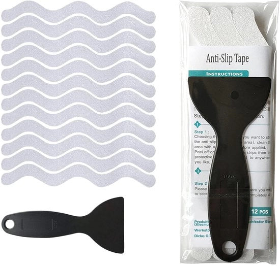 Strisce antiscivolo per doccia e scale - 12 pezzi - Strisce di sicurezza per vasca da bagno - Mattonelle antiscivolo per doccia - Strisce antiscivolo per scale - Resistenti all'acqua e durature - Installazione facile con raschiatore