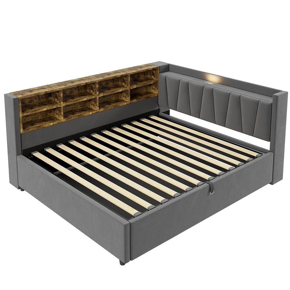 Divano letto-Xylo-140x200 cm-LED, USB-C, velluto grigio scuro