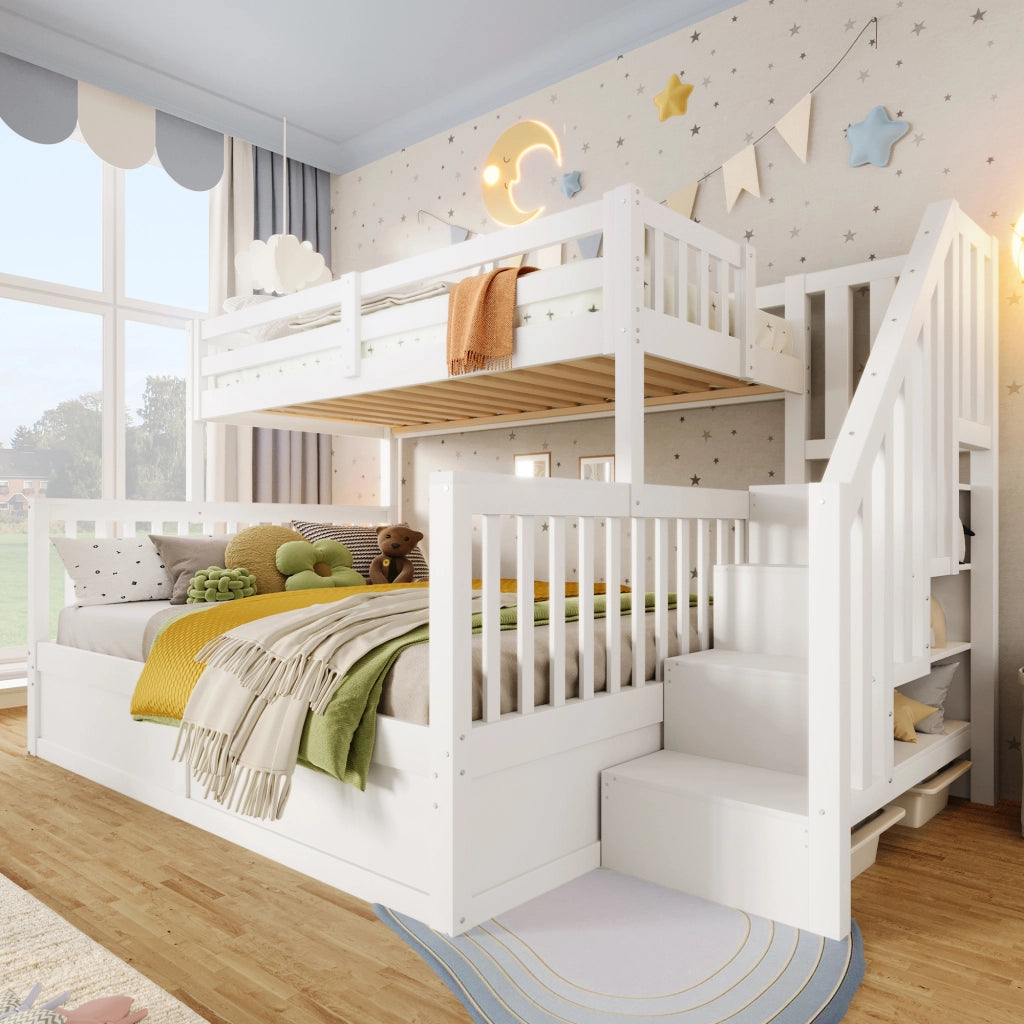 LETTO a castello con scala contenitore 90x200+140x200 cm in pino e MDF bianco