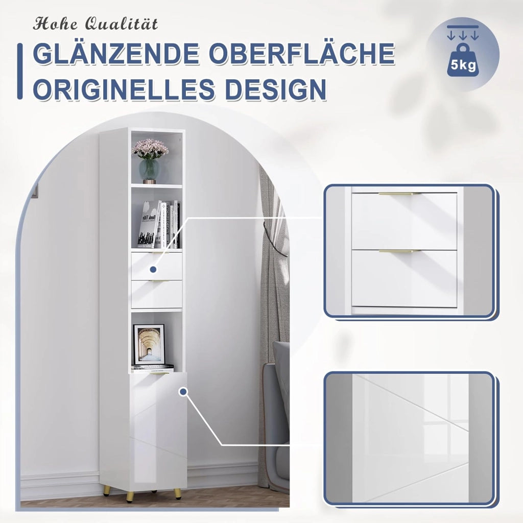 Mobile da Bagno Salvaspazio Alto e Stretto, Colonna da Bagno con 2 Cassetti, 3 Scomparti a Giorno, 1 Vano con Anta, Ripiani Regolabili, in MDF e Metallo, Bianco Lucido, 30x28,5x160cm