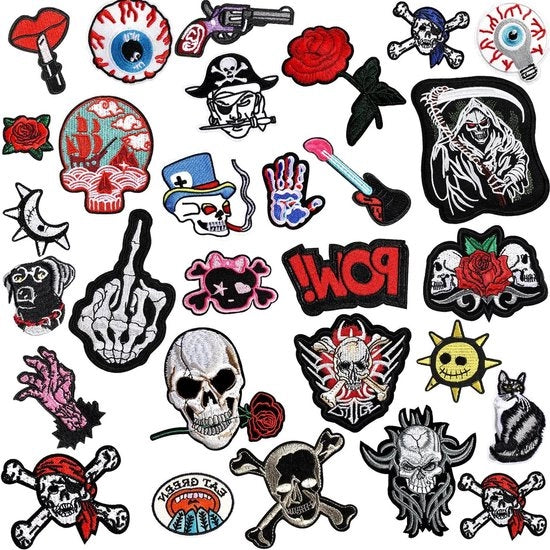 Set di patch punk rock premium con 30 patch opistrijcabili - Disegno di teschio e occhio ricamato per decorazione di cappelli e giacche da Halloween - Accessori DIY per abbigliamento