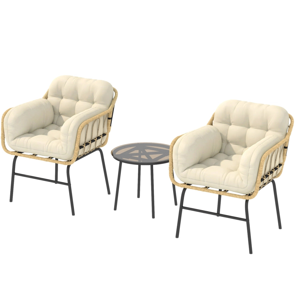 Set da giardino 3 pezzi in rattan ¨C zephmum ¨C verde kaki, tavolo in vetro temperato, cuscini, 62x73x79cm