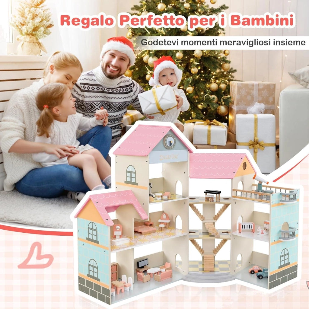 Casa delle Bambole in Legno, Casetta delle Bambole a 3 Piani con 41 Mobili e Accessori, Giocattolo per Bambini 3+ Anni,107 x 82,5 x 94,5 cm (Rosa)