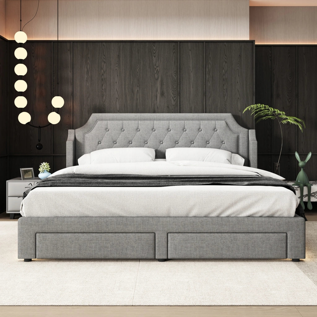 Letto matrimoniale 180x200 - Xylo - LED, 2 cassetti, lino, grigio