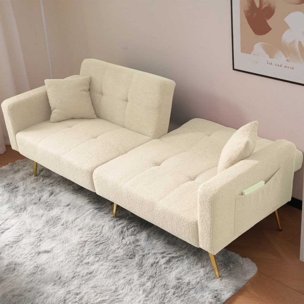 Divano Letto con Schienale Regolabile; 2 Tasche Laterali e Gambe Dorate; in Schiuma; Beige; 175 × 64 × 72 cm