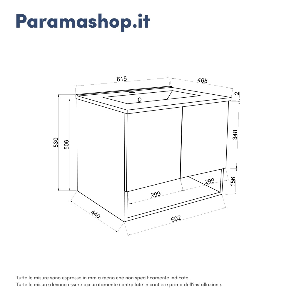 Mobile sospeso 60cm rovere scuro con due ante, vano a giorno e lavabo | Sauris