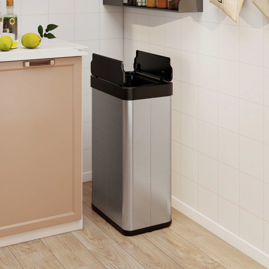 Cestino per rifiuti 60l con coperchi a ali pattumiera in acciaio inox spazzolato-Cestino bidone automatico sottile Argento