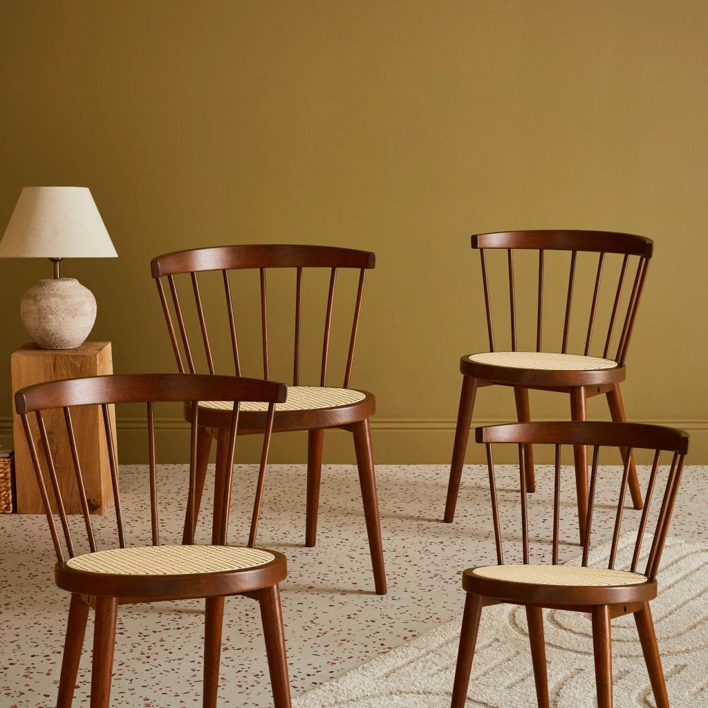 Set di 4 sedie in legno e paglia, marrone scuro