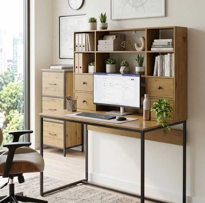 Scrivania con 4 cassetti e ripiani, piano 105 cm, effetto legno naturale