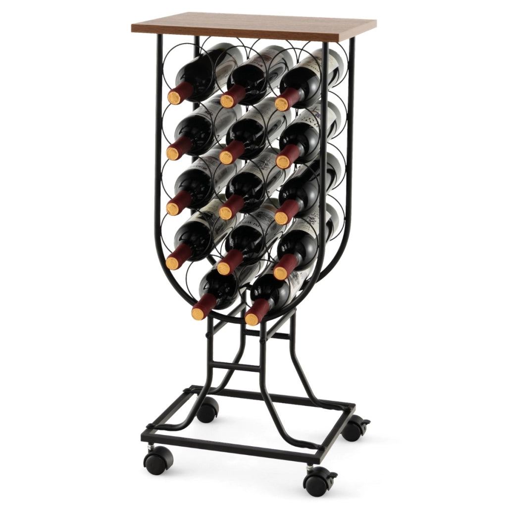 Portabottiglie per vino con ruote staccabili e bloccabili, Mobile porta vino con struttura in metallo Nero