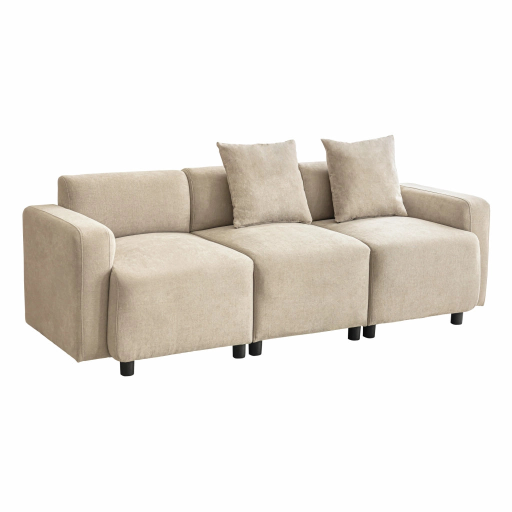 OKWISH Divano Lineare 3 Posti, Seduta Ampia con Schienale Alto e 2 Cuscini, Ciniglia Beige, 211 x 67 x 71 cm