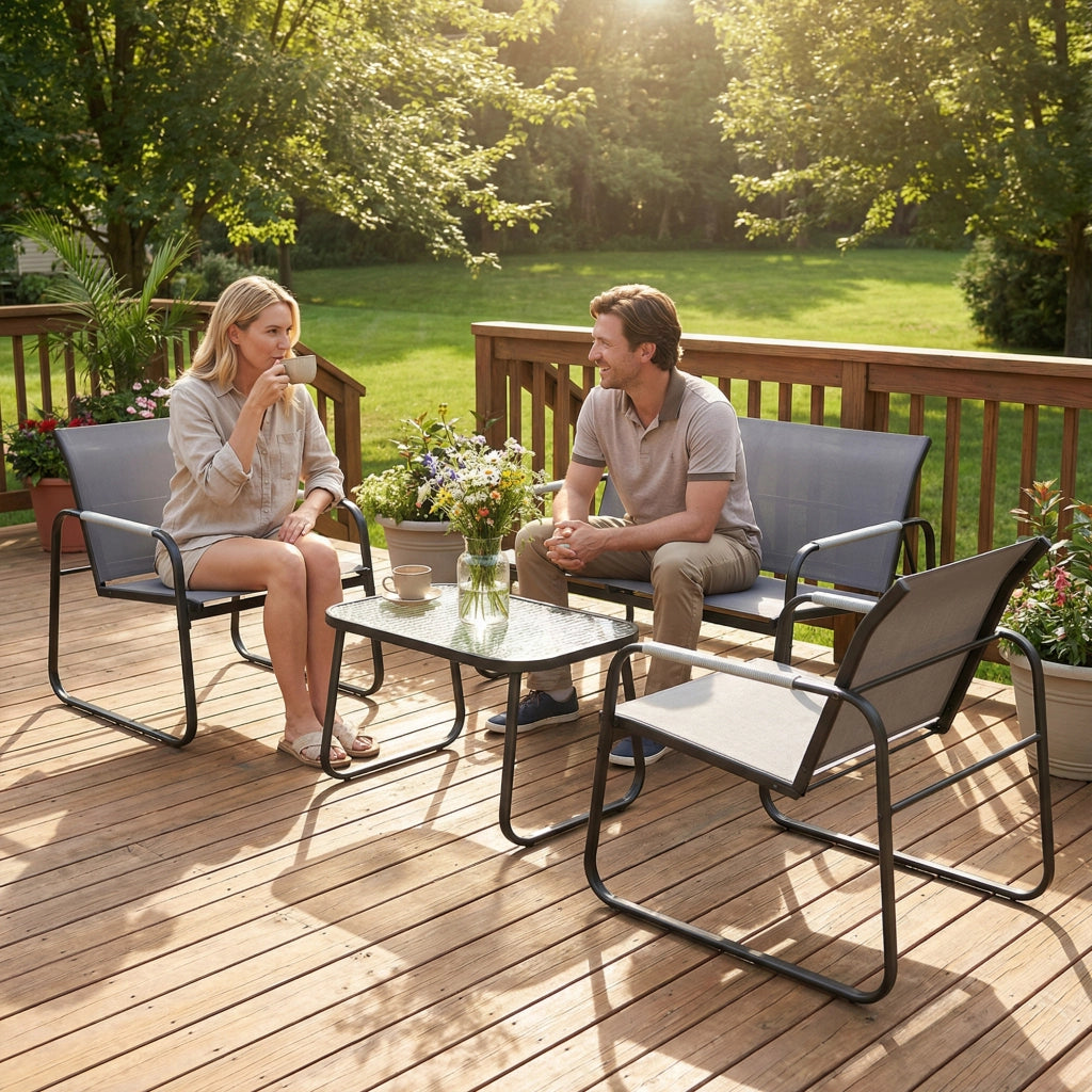 Set da Giardino 4 Pezzi con Divano 2 Posti, 2 Sedie e Tavolino ¨C zephmum ¨C Struttura in Metallo Grigio