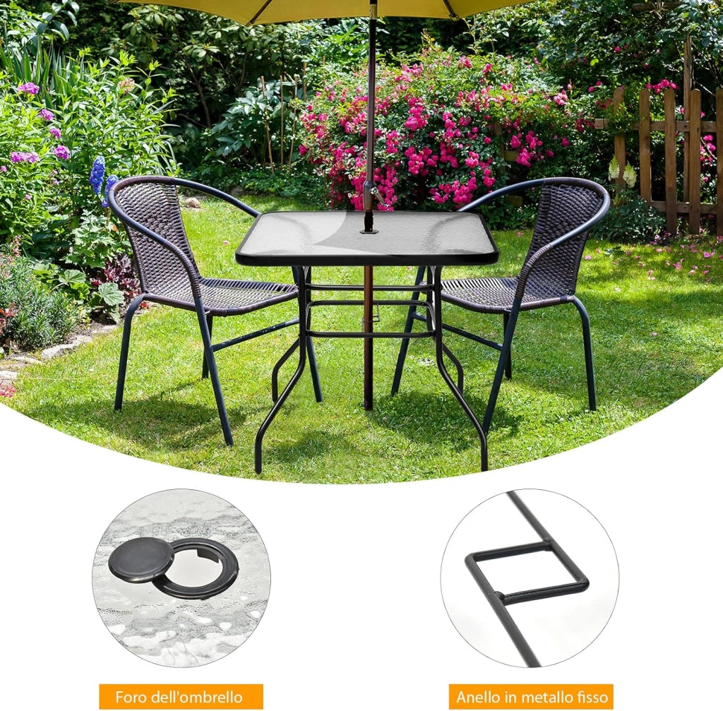 Tavolo Quadrato da Giardino, Tavolino in Ferro con Superficie in Vetro, Tavolo da Esterno per Cortile Giardino Balcone, Nero