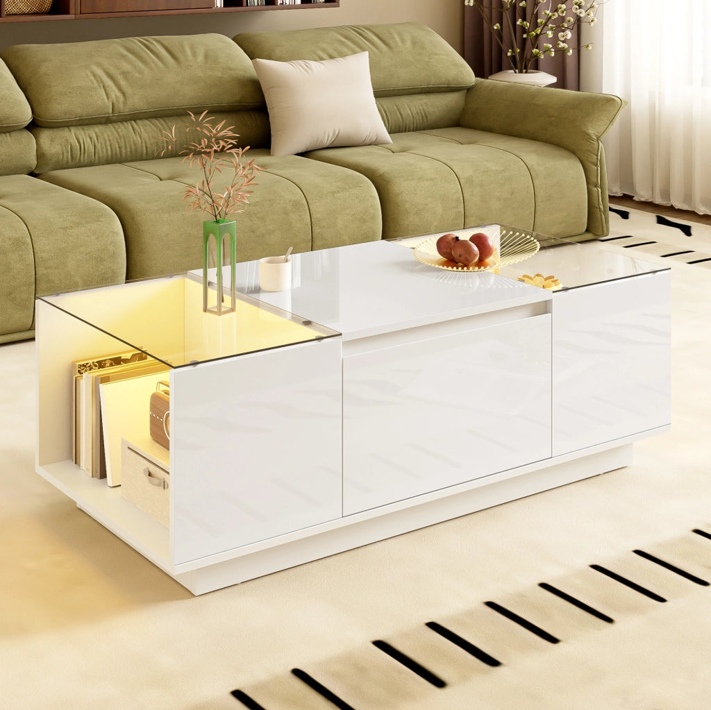 Tavolino da caffè bianco LED con vetro e 2 cassetti