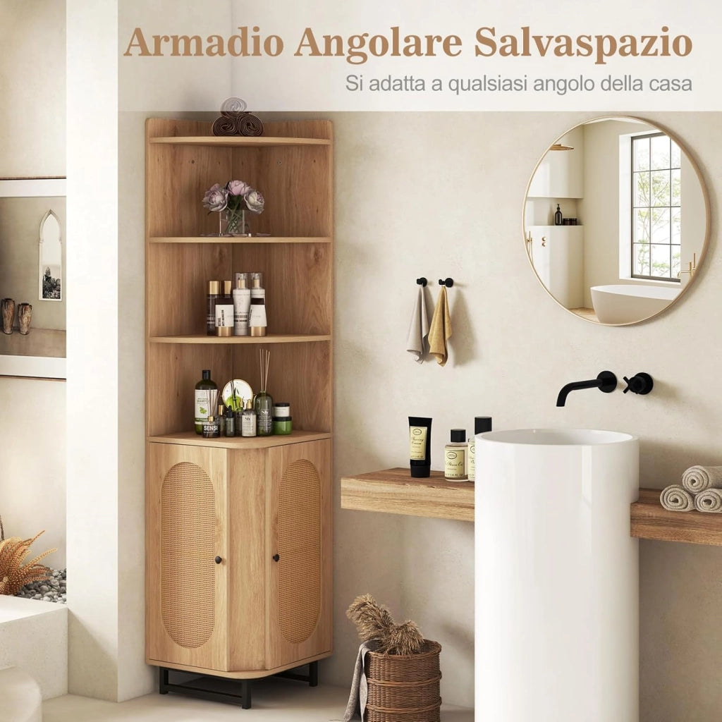 Armadietto in Legno ad Angolo Alto 172 cm con 4 Ripiani Aperti, Libreria Angolare con 2 Ante in Rattan PE e Ripiano Regolabile, Scaffale Mensola Salvaspazio per Soggiorno, Bagno e Cucina