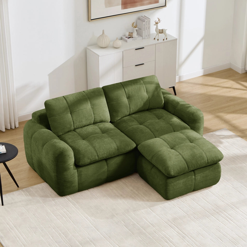 Divano ad angolo modulare 2 posti senza telaio con seduta ergonomica e pouf per salotto in ciniglia verde