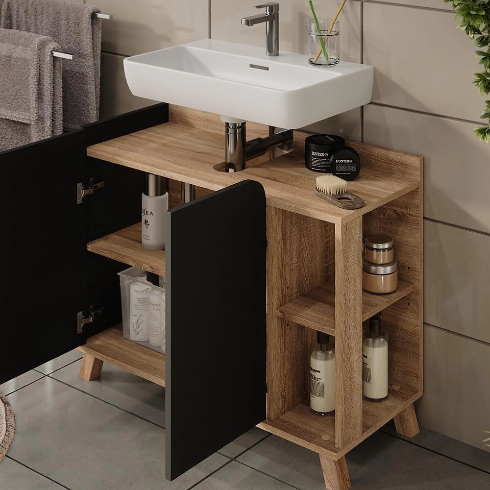 Set di mobili da bagno Karen, Sonoma/antracite, 80 cm, composto da specchio da bagno e mobile sottolavabo