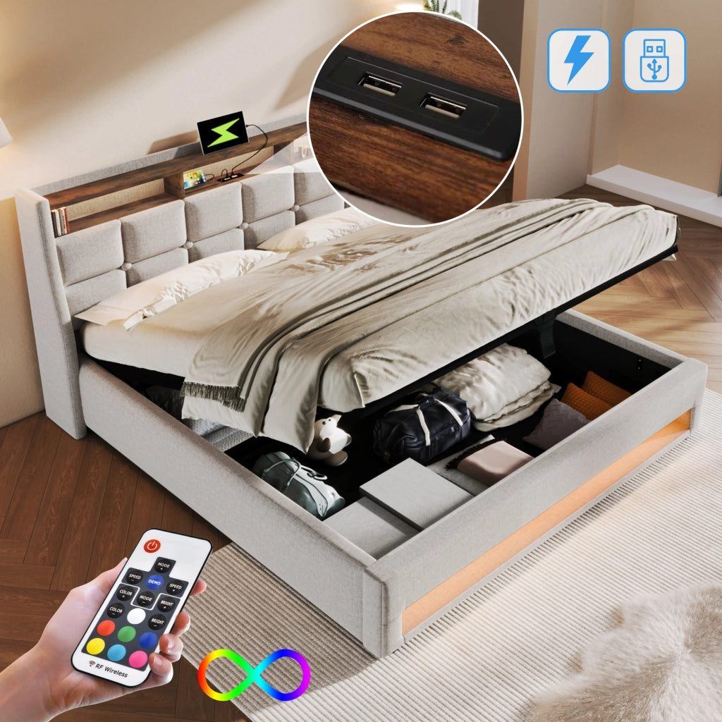 LETTO Imbottito 160x200 cm Beige con USB e LED in tessuto effetto lino