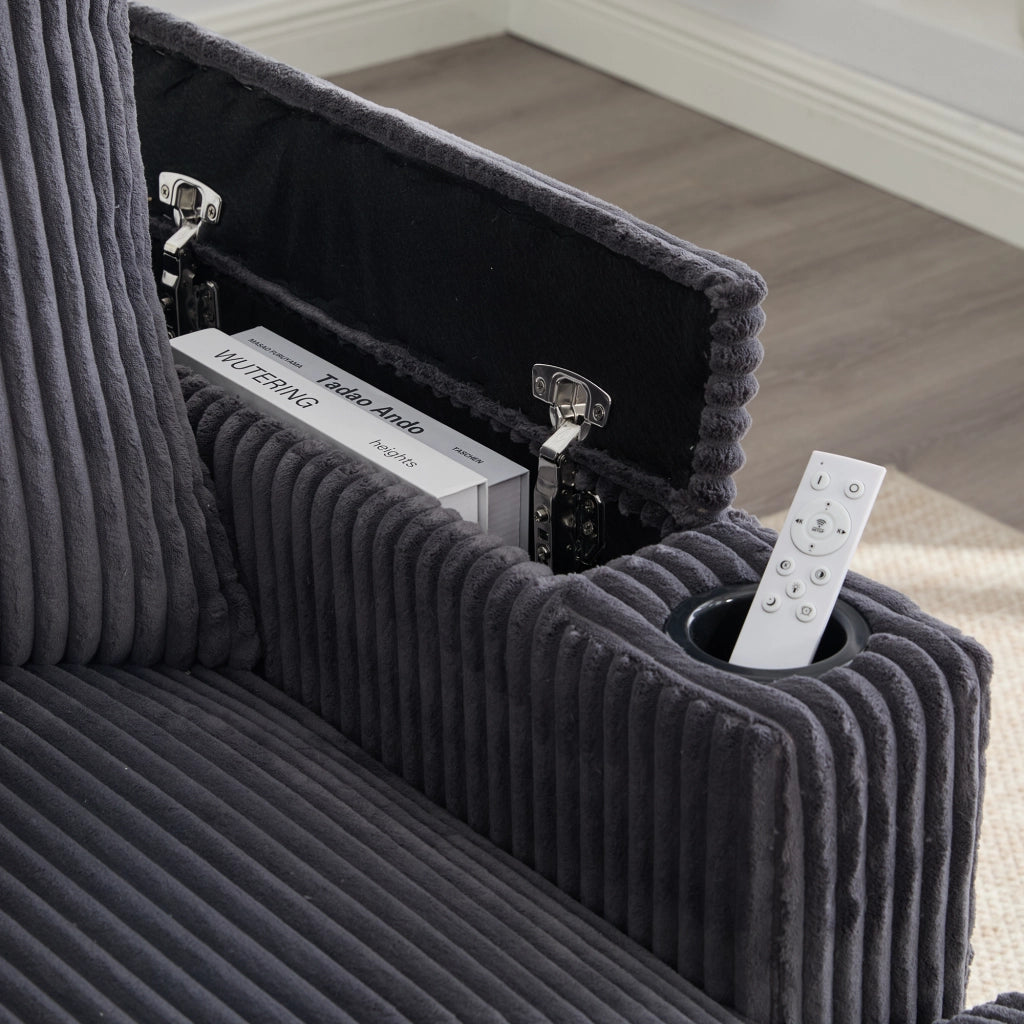 Chaise Longue con LED, USB, Vano Contenitore, Portabicchieri e Tasca Laterale, in Velluto a Coste Grigio Scuro