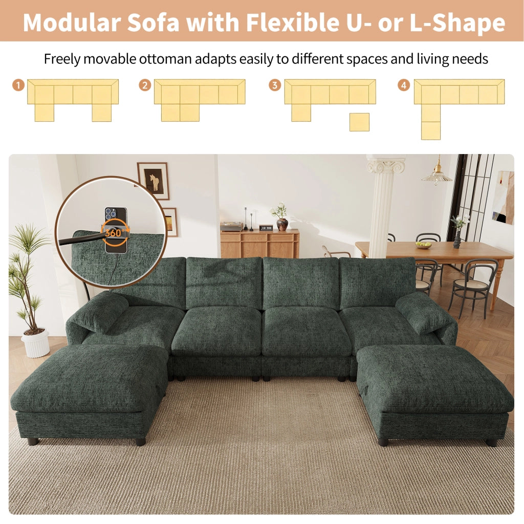 Divano angolare modulare 6 posti con due pouf contenitore e ricarica USB Type-C e portatelefono in chenille verde