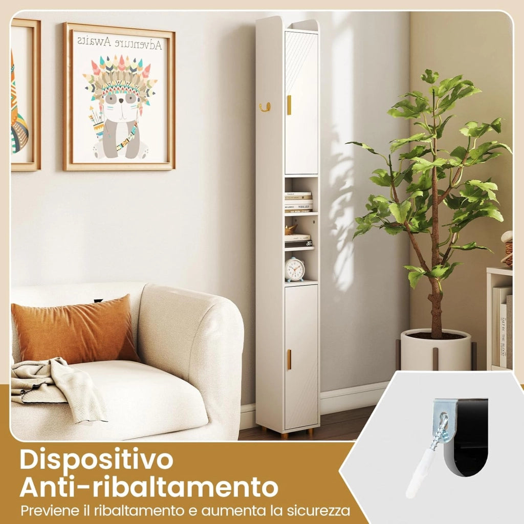 Mobiletto Bagno Salvaspazio 20 x 20 x 179 cm, Armadietto Stretto con 2 Ante, Ripiani Regolabili e Gancio Laterale, Armadio Salvaspazio per Cucina, Ufficio e Soggiorno (Bianco)