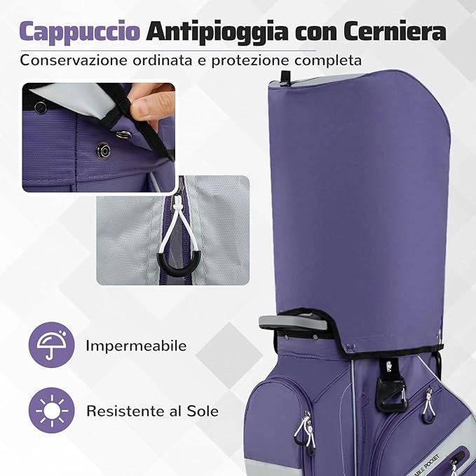 Borsa Carrello da Golf, Sacca da Golf con Serratura e Divisori a 14 Vie, 11 Tasche, Sacca Isolante, Tracolla Imbottita, Maniglie, Porta Ombrello e Cappuccio Antipioggia