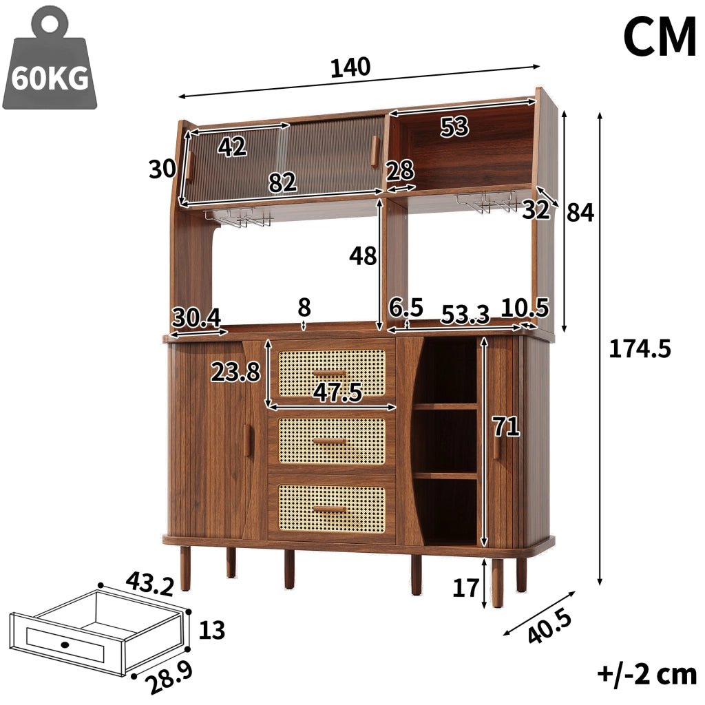 Credenza e madia con ante scorrevoli in vetro, 3 cassetti e vani aperti, per cucina, noce 140 × 40,5 × 174,5 cm