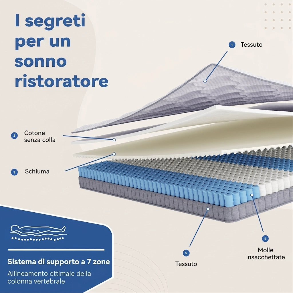 Materasso a Molle Insacchettate 90x200 per Divano Letto; 7 Zone H3; Schiuma e Molle; Bianco