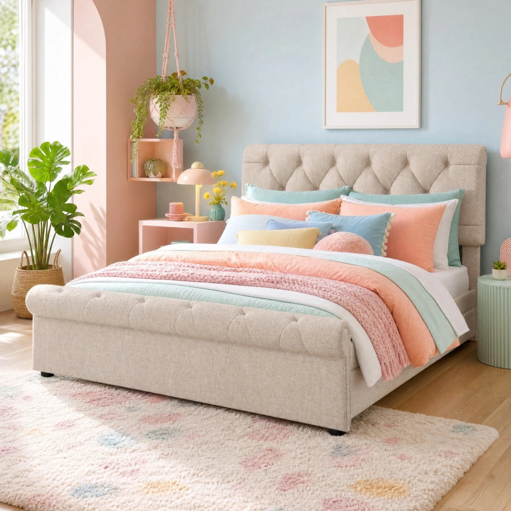 Letto matrimoniale imbottito 140x200 cm con 4 cassetti, testiera regolabile, colore naturale