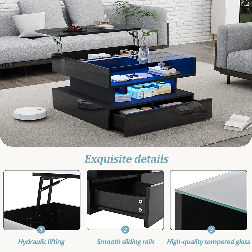 Tavolino regolabile - Xylo - 80x80cm vetro temperato 2 cassetti LED nero