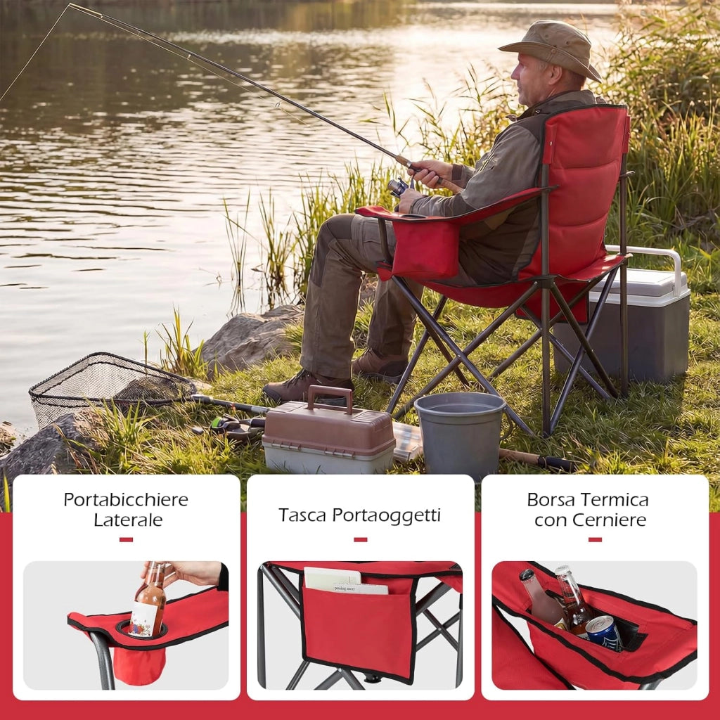 Sedia da Campeggio Pieghevole, Sedia da Esterno con Tasca Refrigerante, Portabicchiere, Tasca Laterale e Borsa, Sedia Portatile per Picnic, Escursioni e Pesca, Portata 150 kg (Rosso)