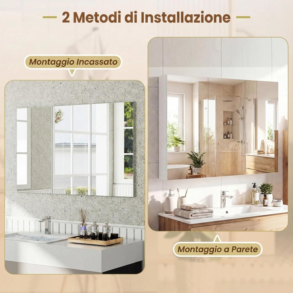 Specchio Bagno Contenitore, Mobiletto Salvaspazio da Parete con 3 Ante e 6 Scomparti, Superficie Effetto Legno e Struttura in Legno Robusta per Bagno e Soggiorno, 87 x 65 x 12,5 cm