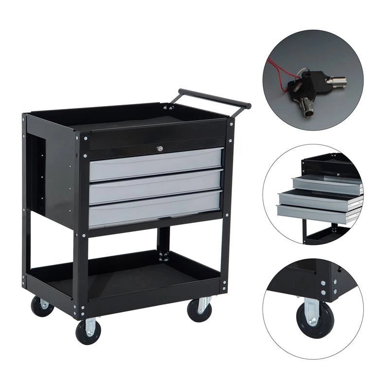 CARRELLO DA OFFICINA PROFESSIONALE CASSETTIERA PORTAUTENSILI IN LAMIERA NERO 68X46X88CM